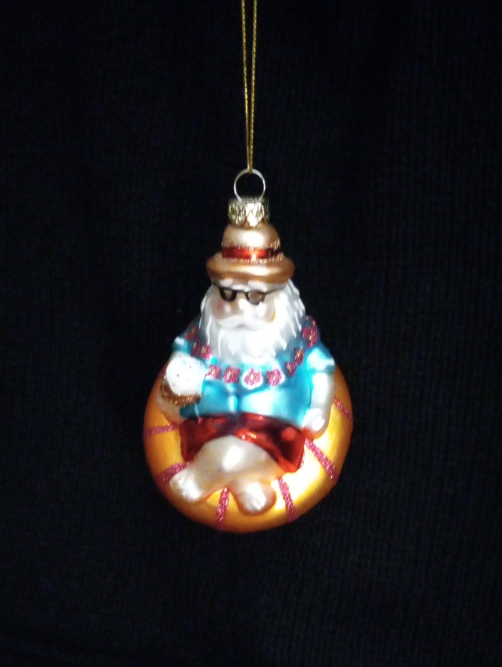 Glass Santa on Orange Raft Float Holiday Ornament - Turquoise & Red